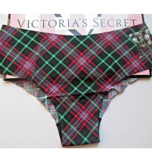 VICTORIA'S SECRET PINK No Show Cheekster Cheeky Panty Black Green Plaid Logo VS